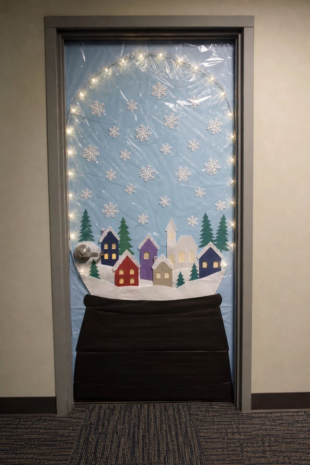 An office door decorated as a giant snow globe with a paper village inside