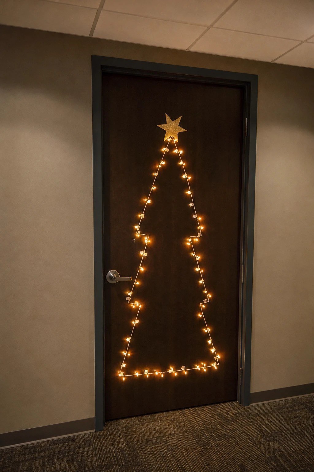 An office door with fairy lights shaped into a Christmas tree