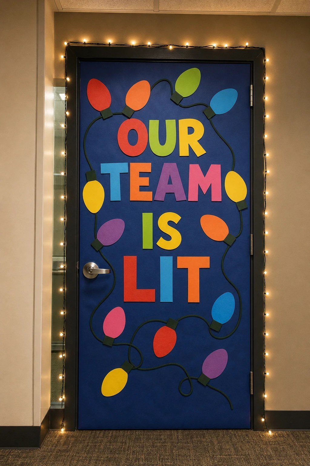 An office door with oversized paper Christmas light bulbs and the words Our Team Is Lit