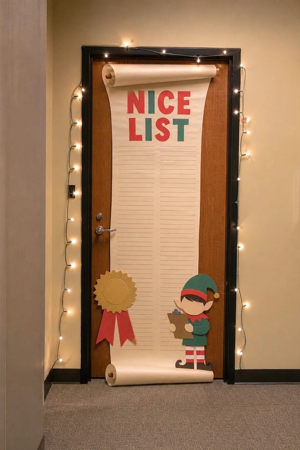 An office door with a giant nice list scroll and a paper elf