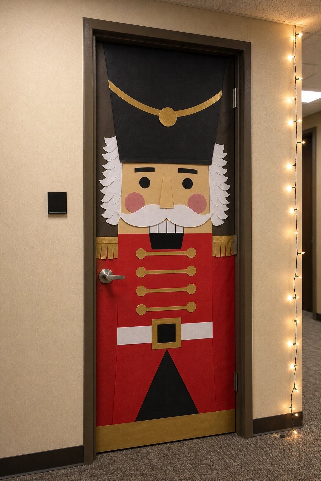 An office door decorated as a paper nutcracker soldier