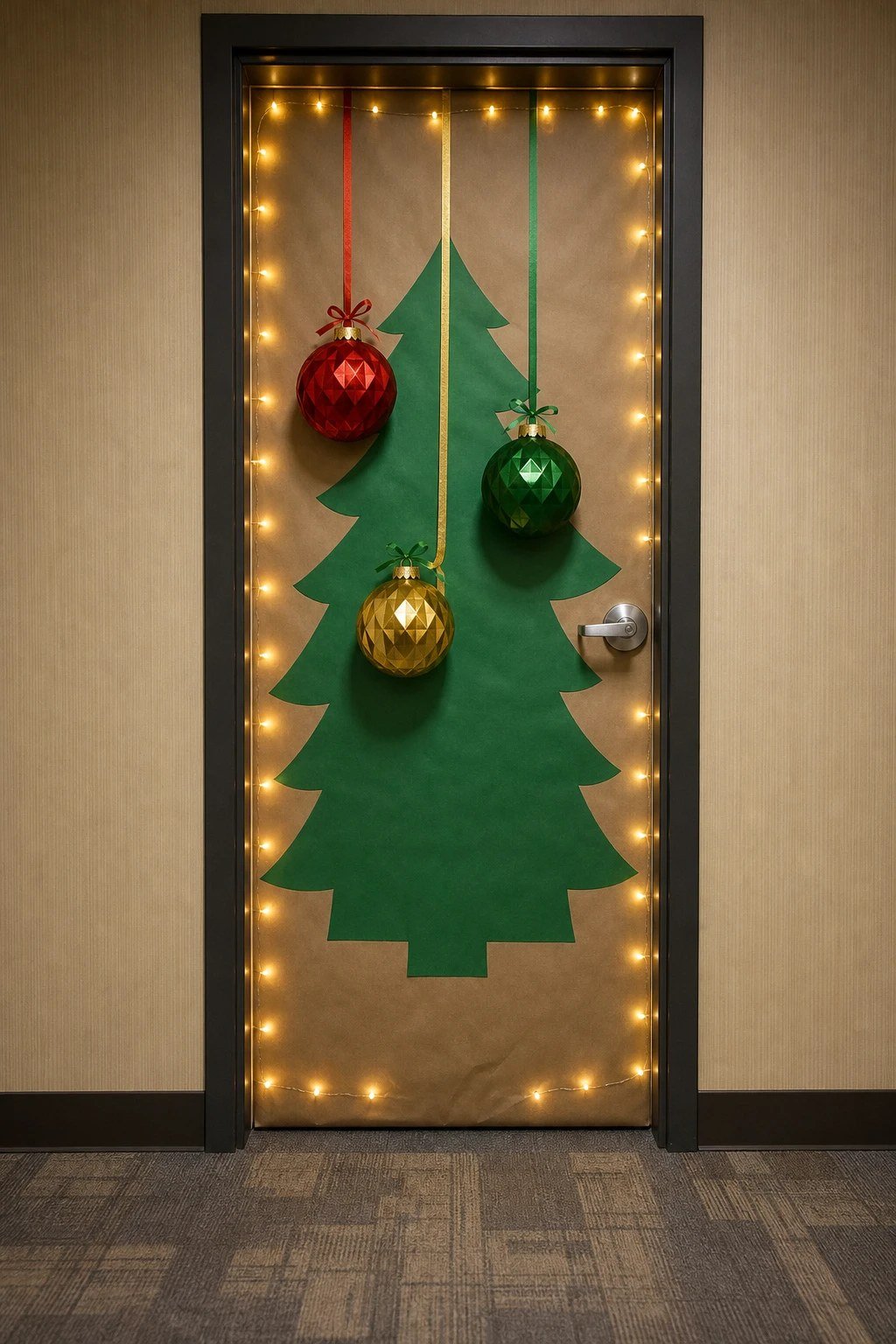 An office door with large ornaments hanging on ribbons