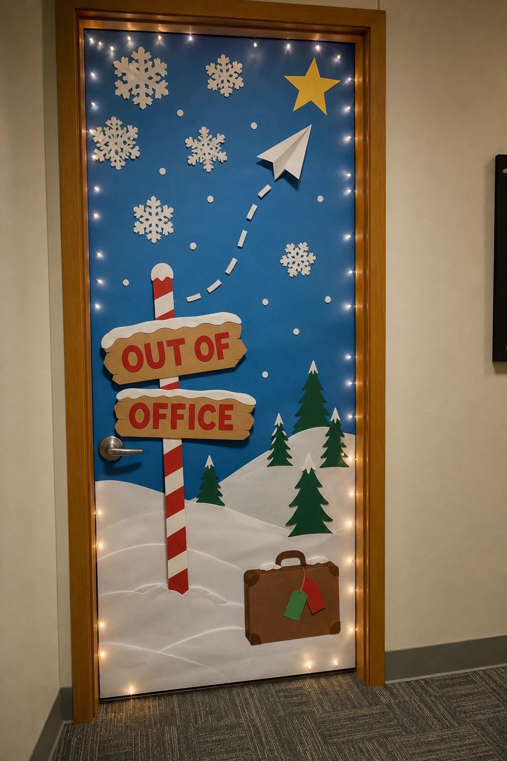 An office door with an out of office North Pole scene