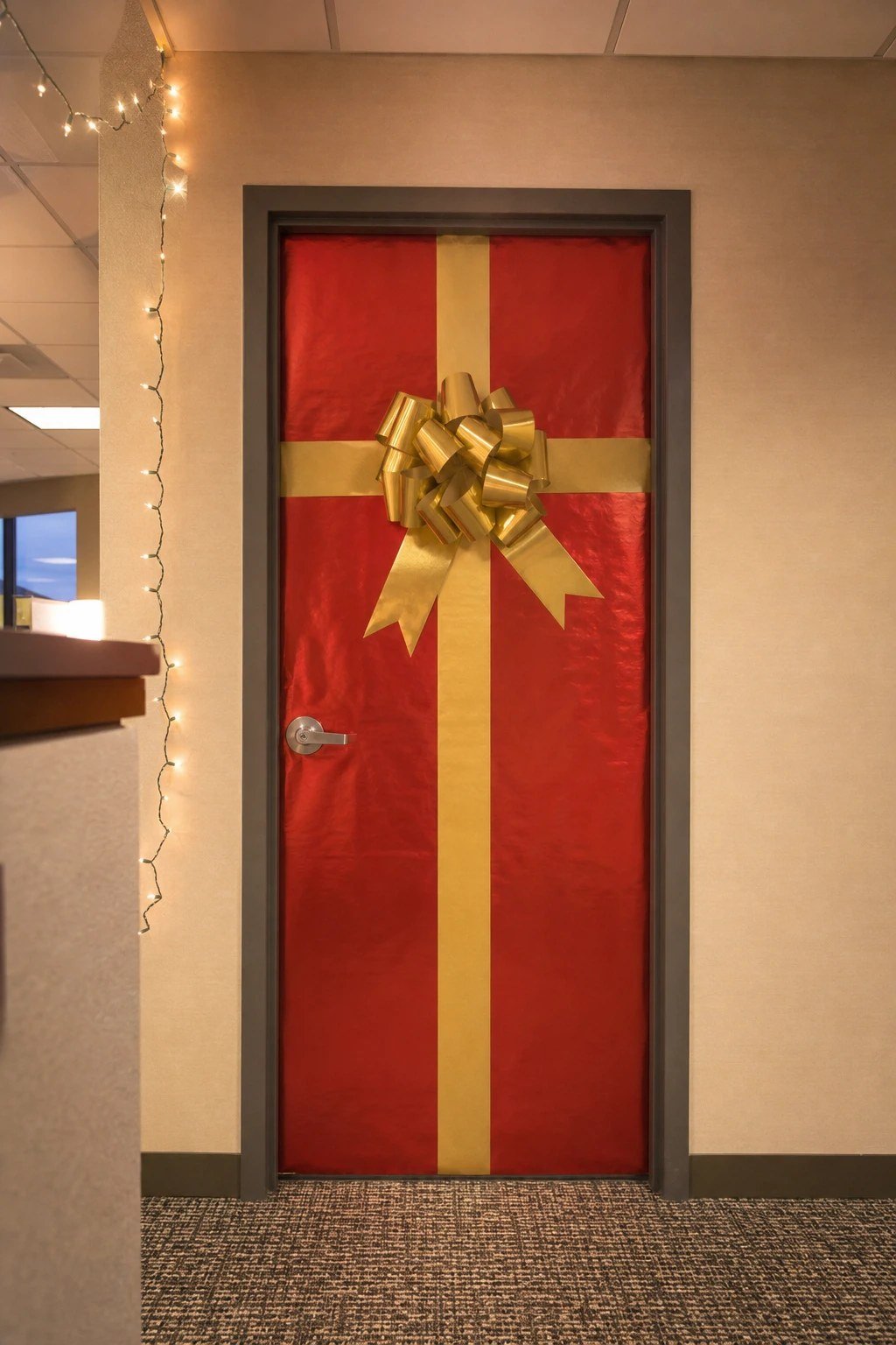 An office door wrapped like a red Christmas present with a gold ribbon and bow