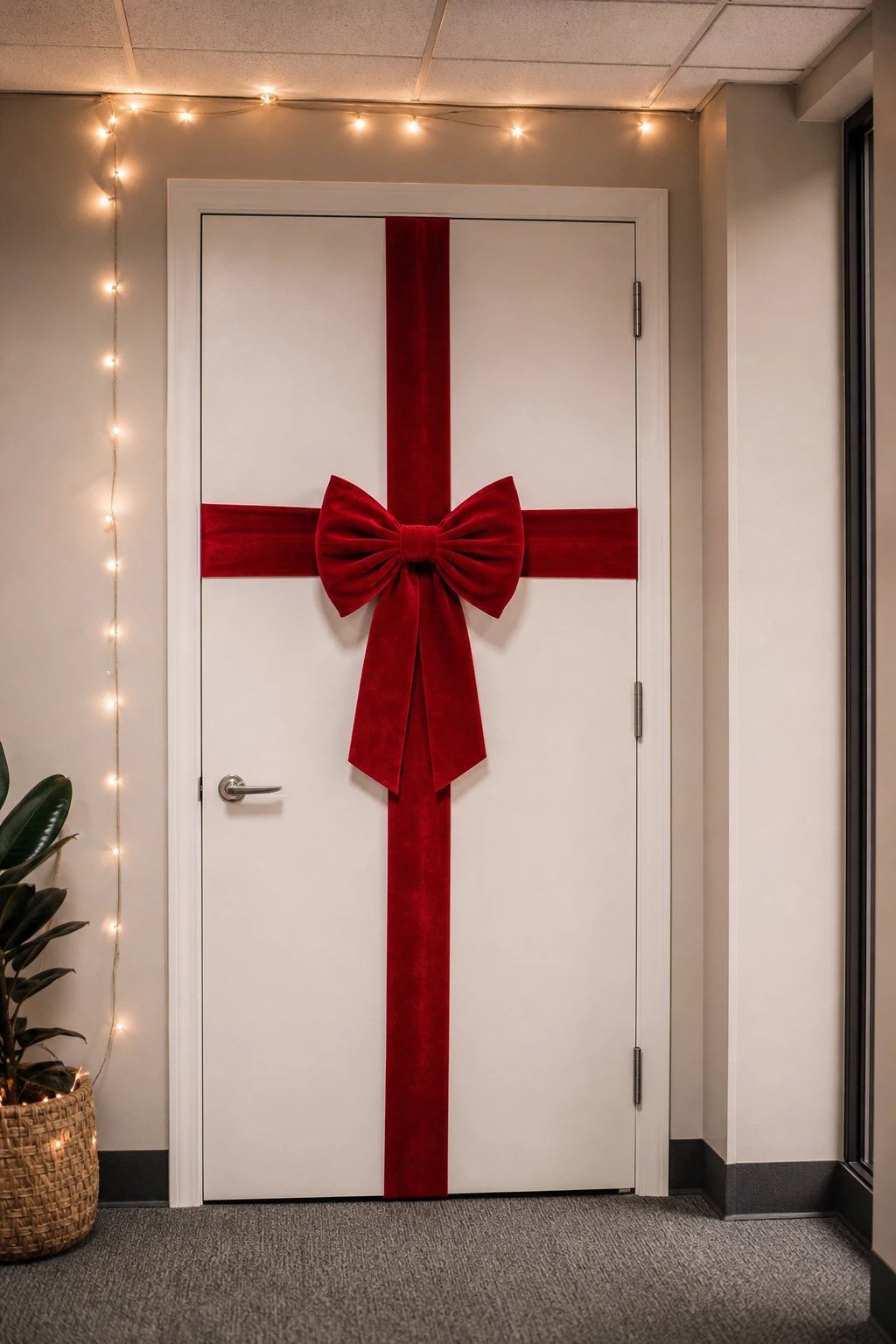 An office door wrapped with red velvet ribbon and a big bow