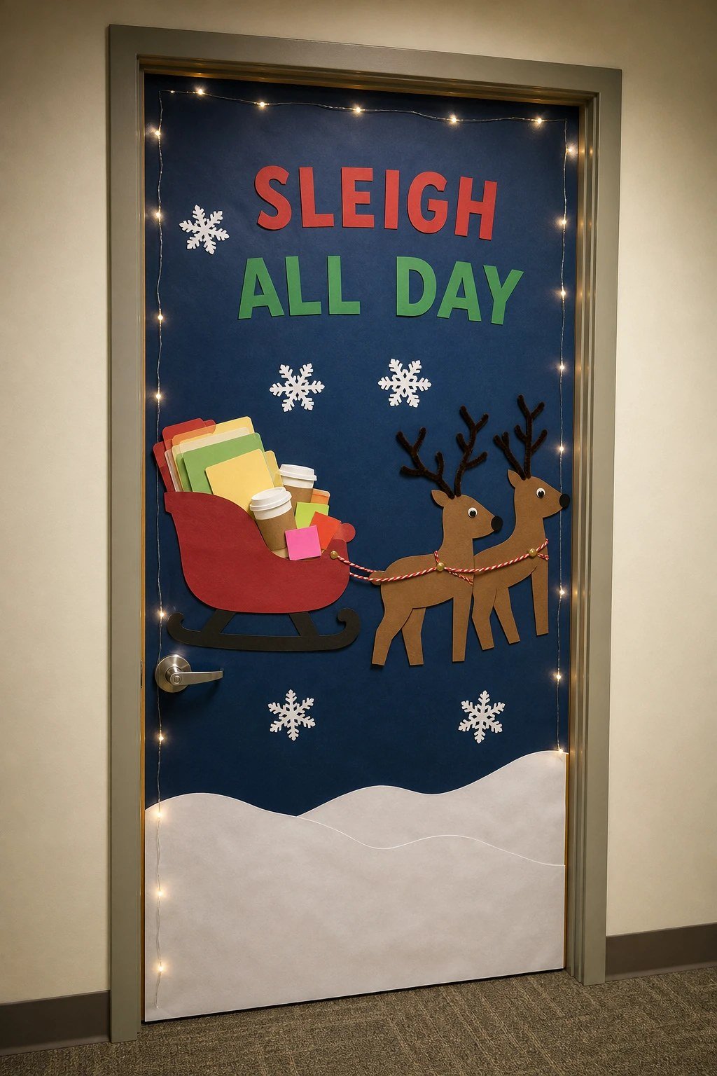 An office door with a paper sleigh full of files and the words Sleigh All Day