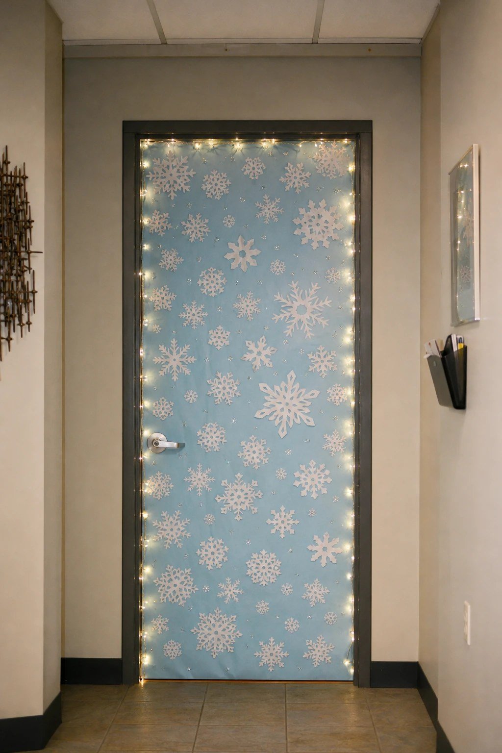 An office door covered in white paper snowflakes on blue