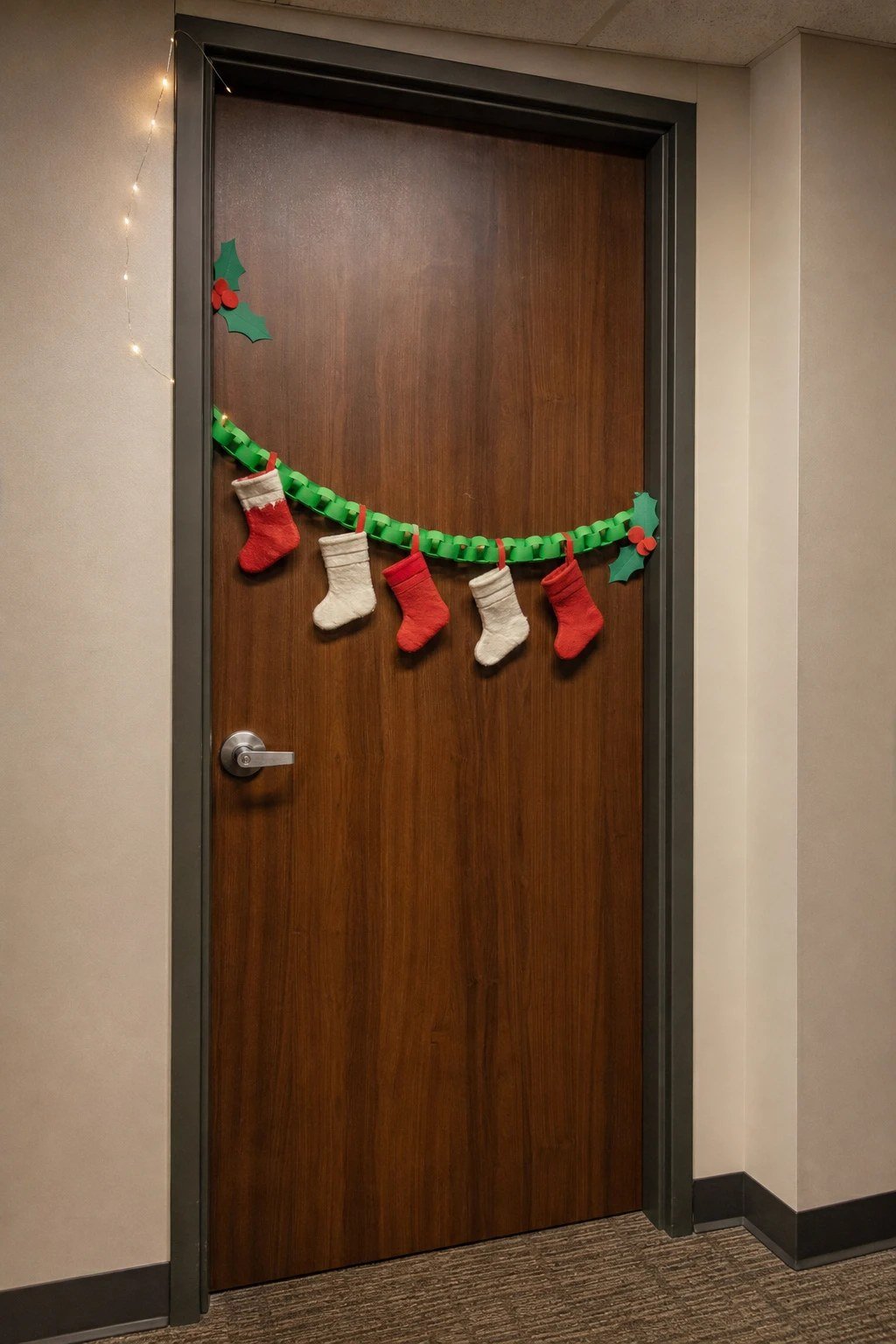 An office door with a row of small stockings on a garland