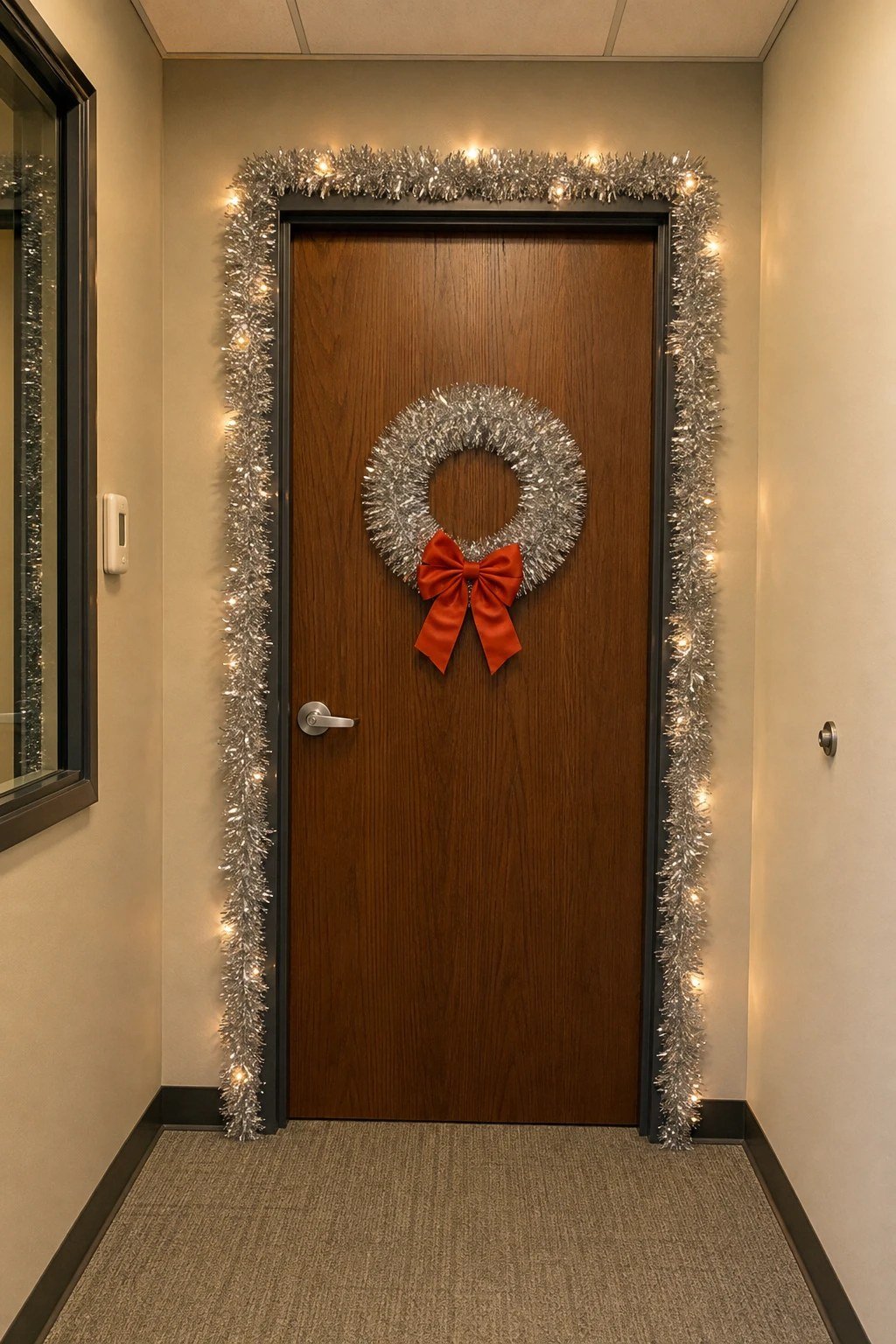 An office door with silver tinsel around the frame and a tinsel wreath