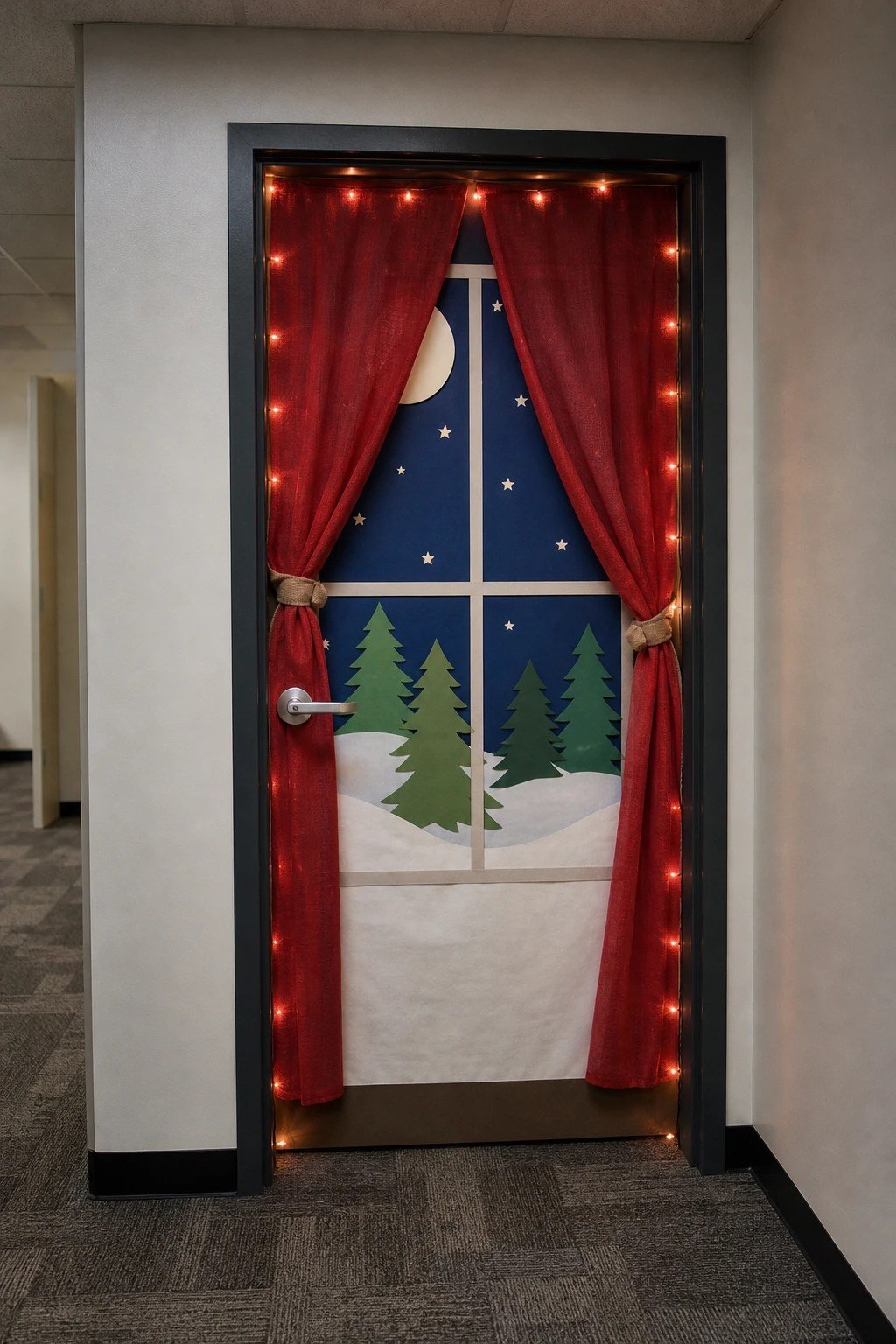 An office door decorated as a window with curtains and a snowy night scene