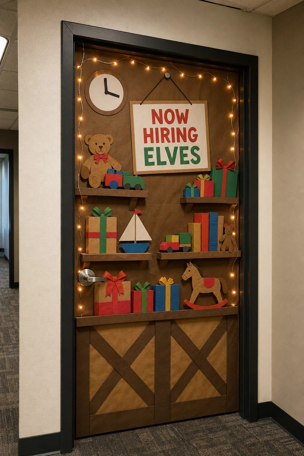 An office door decorated as Santa's workshop with paper shelves of toys