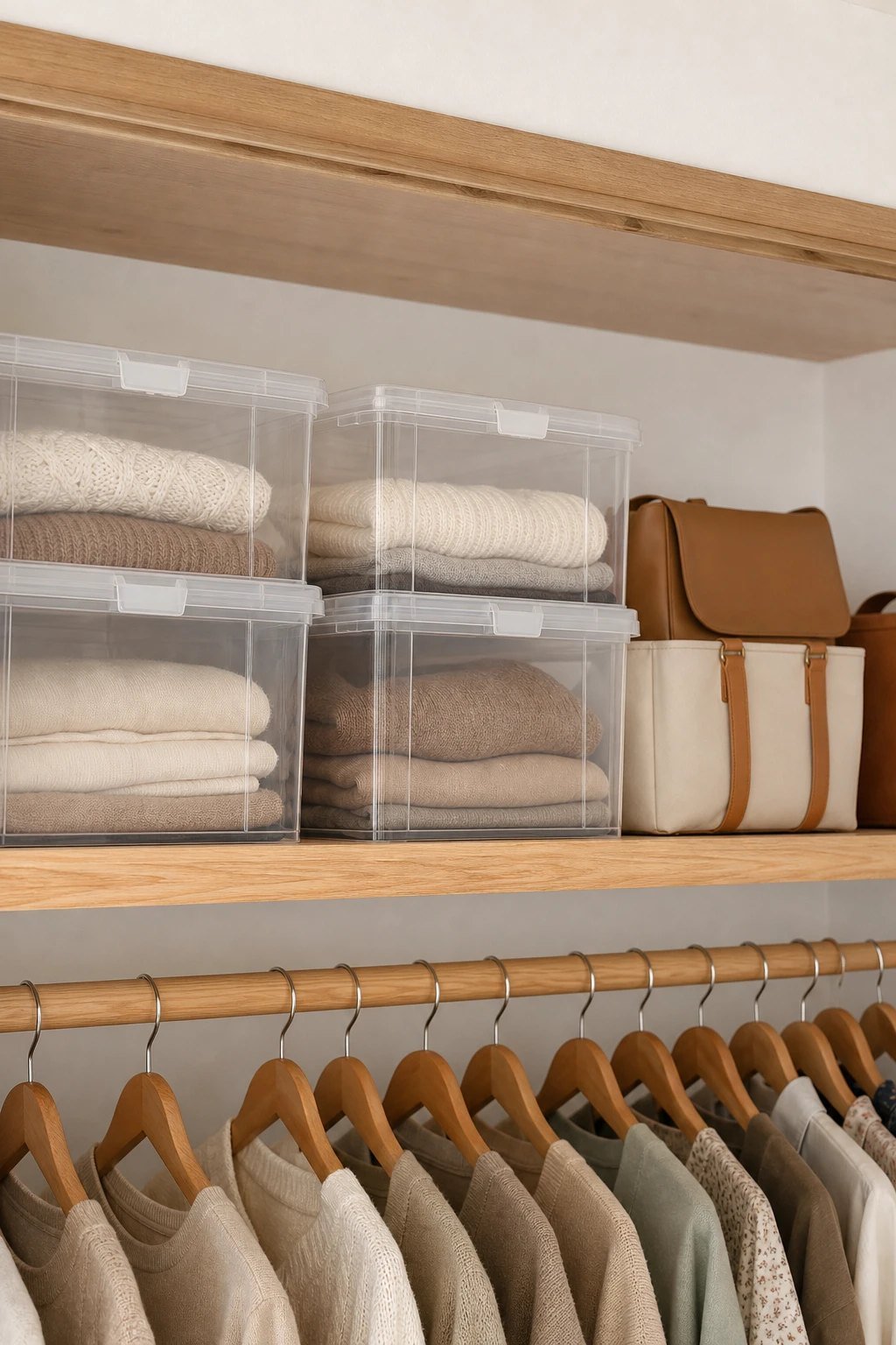 Clear boxes on the top shelf