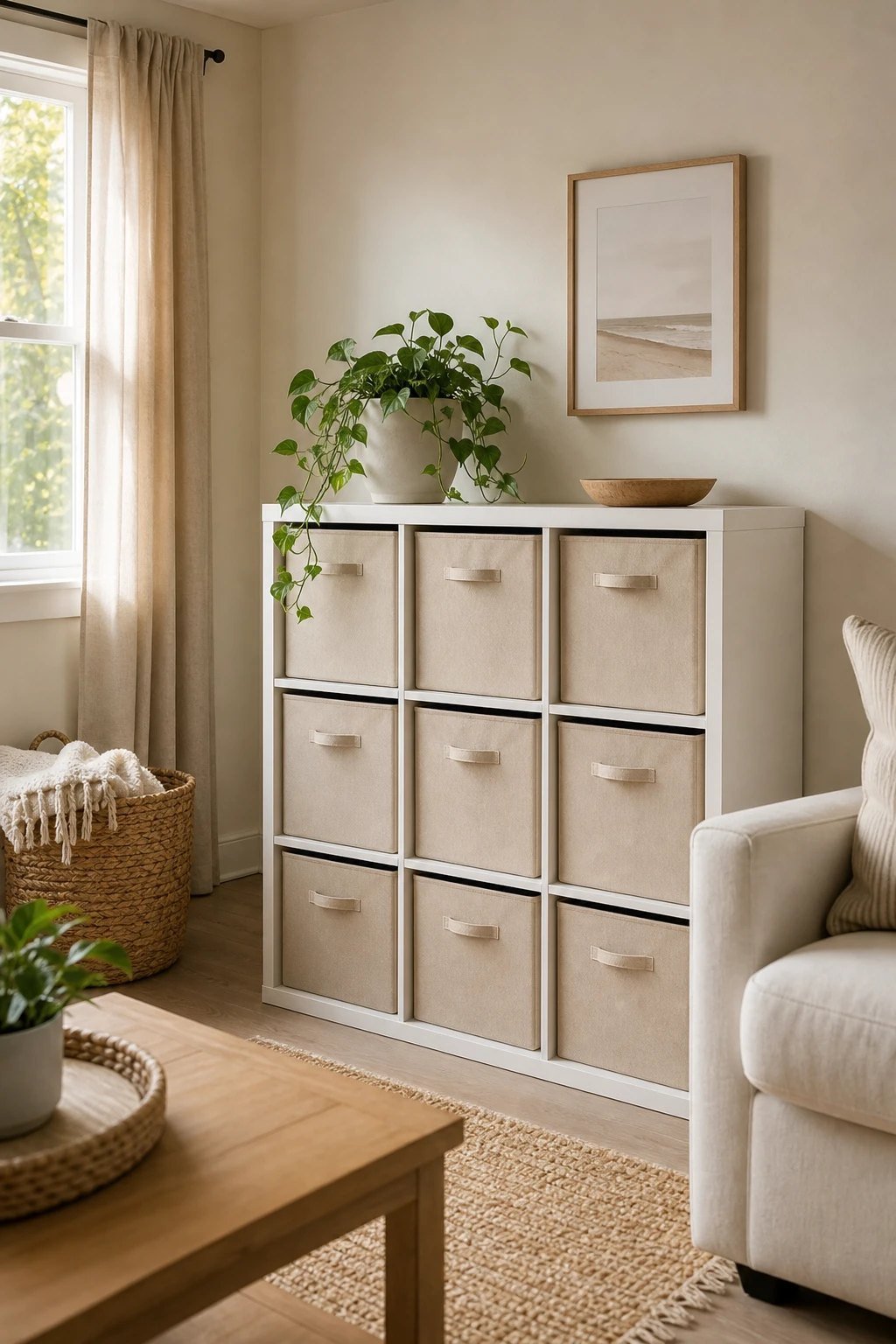 Fabric cubes on open shelves