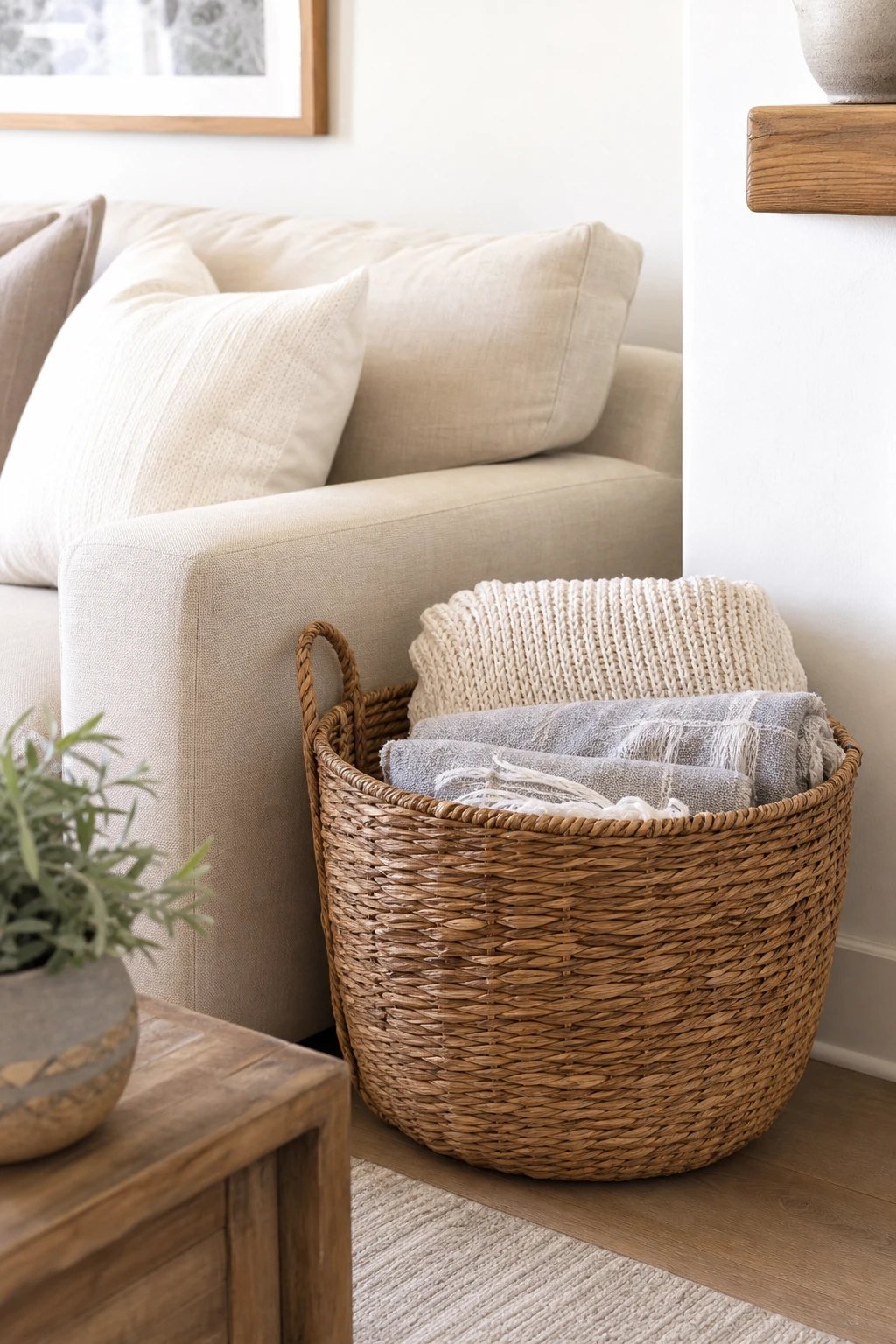 A basket for throws and pillows
