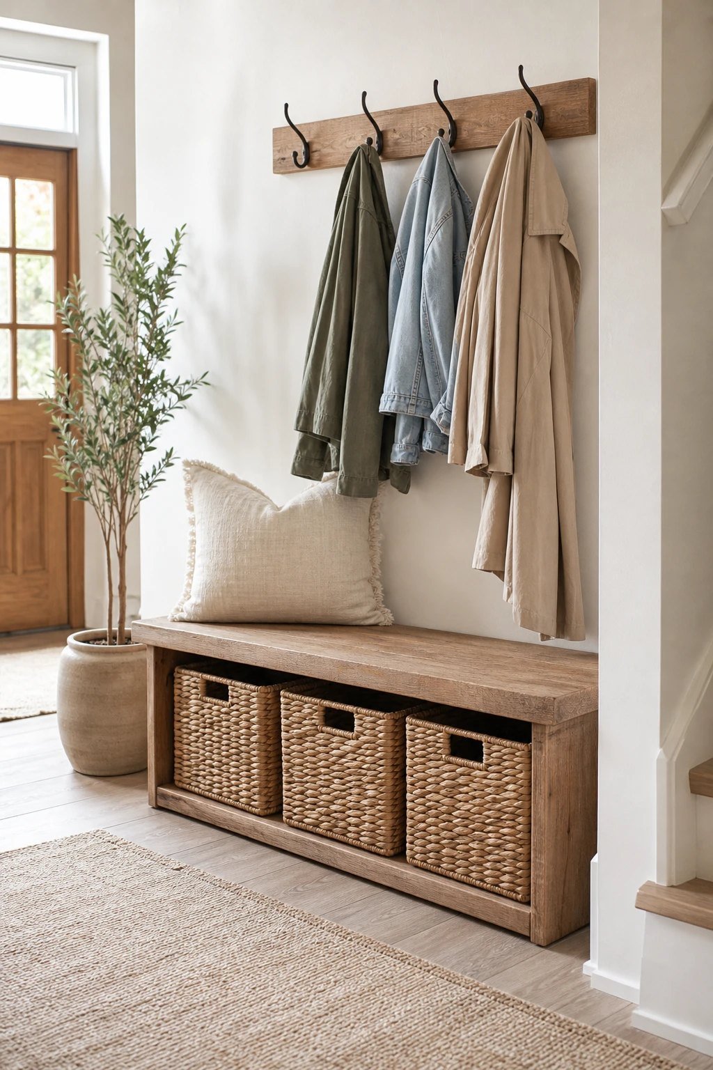Baskets under the entry bench
