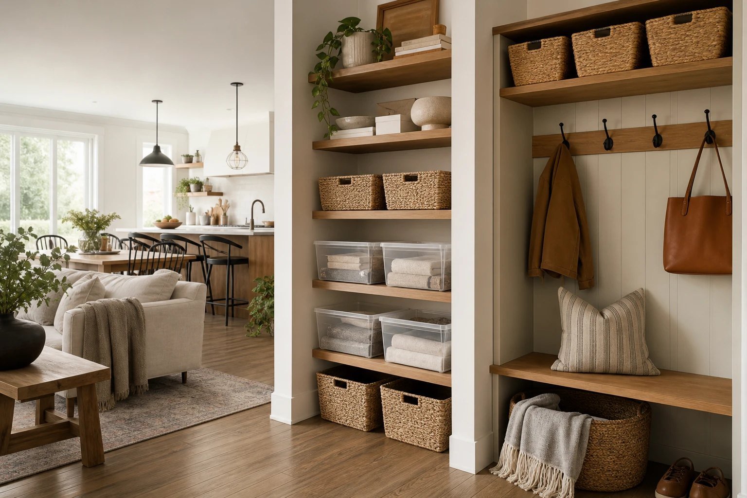 A calm organized home with labeled baskets on open shelves, a tidy entryway bench and clear bins in a cabinet
