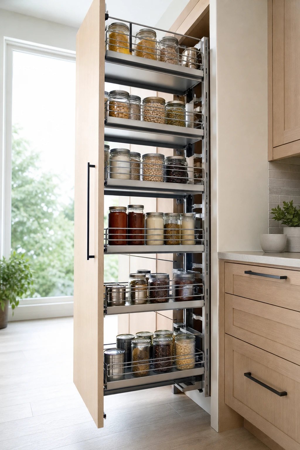 Pull-out drawers in a cabinet pantry