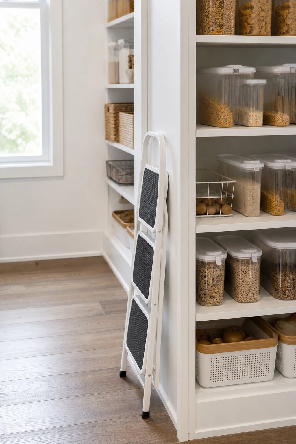 A step stool that lives in the pantry