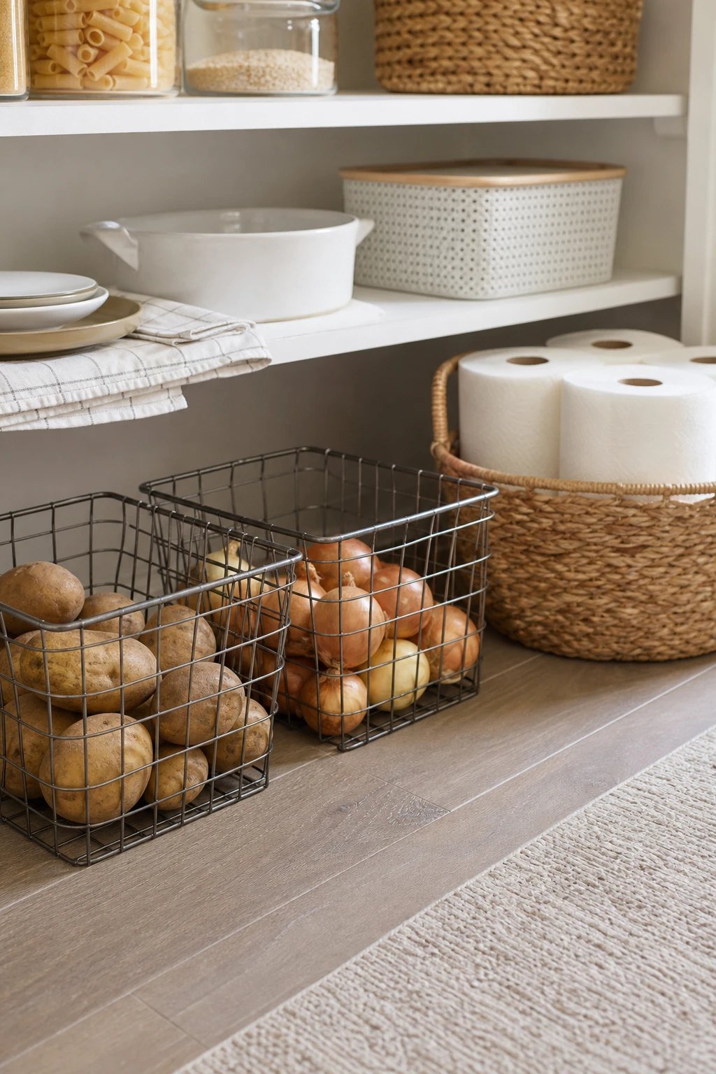 Baskets on the floor for bulky things