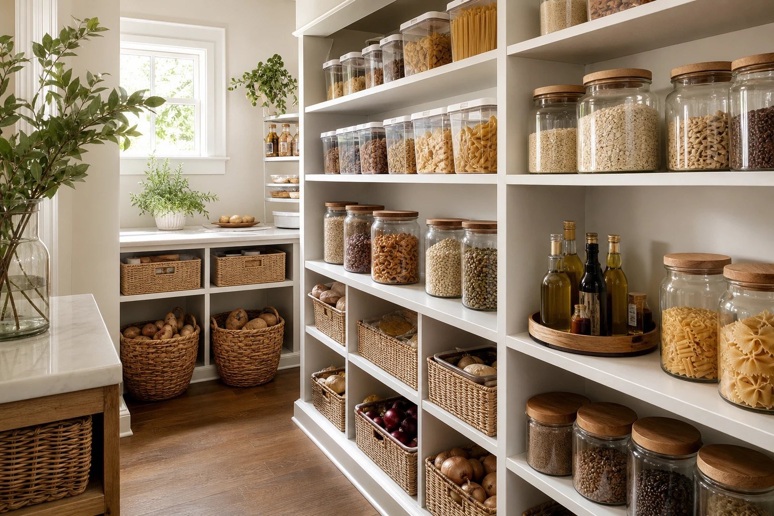 A neatly organized pantry with clear bins, glass jars and a turntable on wooden shelves