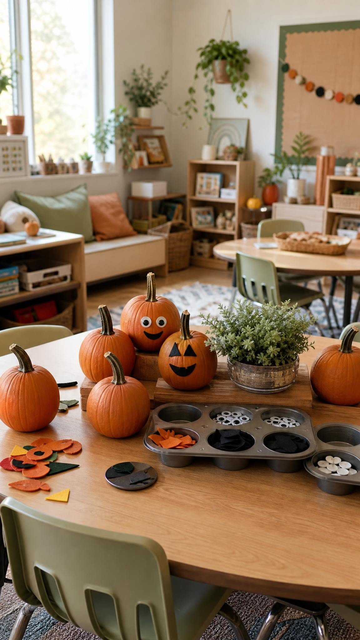 Pumpkin decorating station with small pumpkins and foam face stickers
