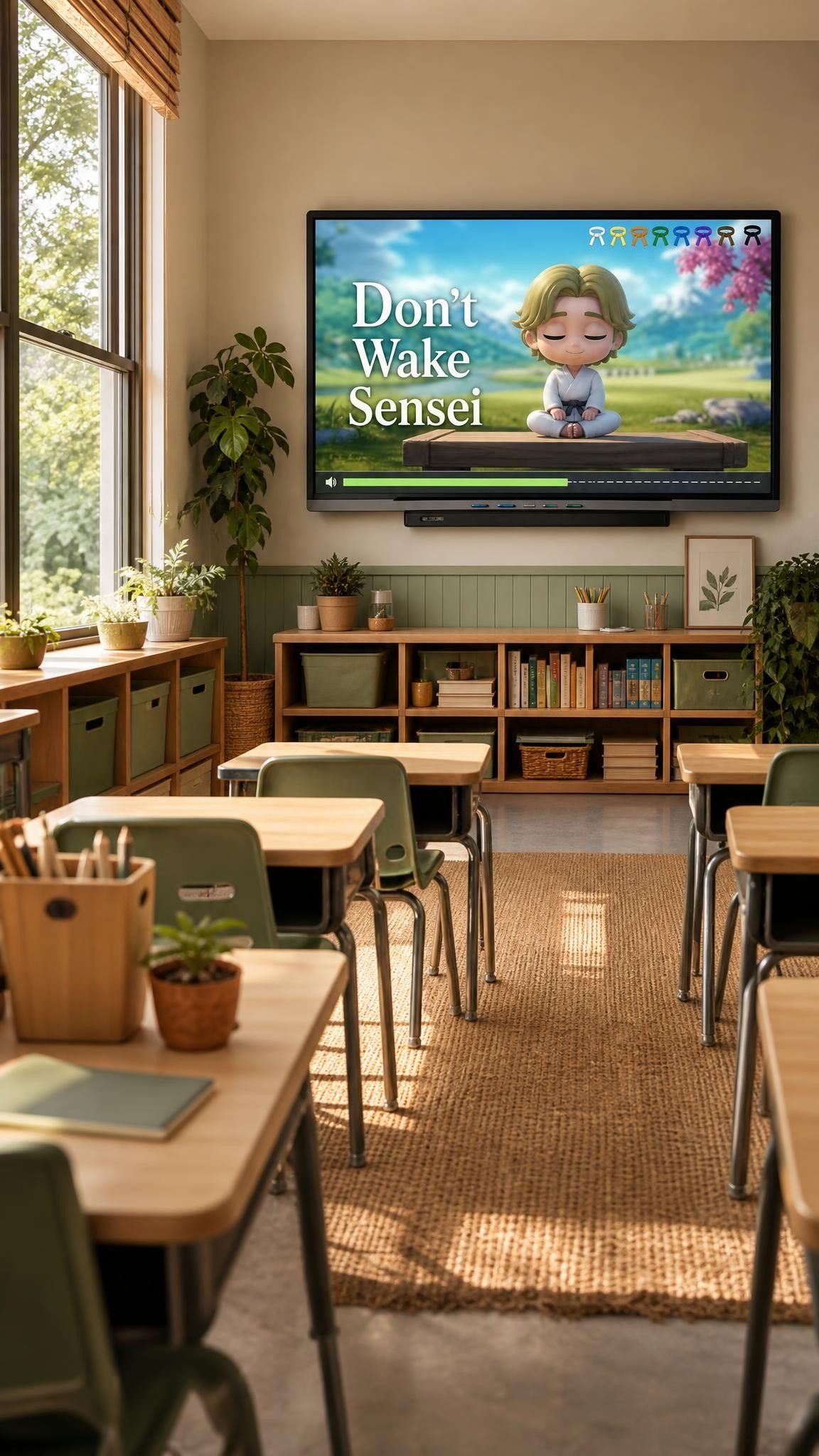 Calm quiet elementary classroom with a traffic light visual timer and bell on the teacher table
