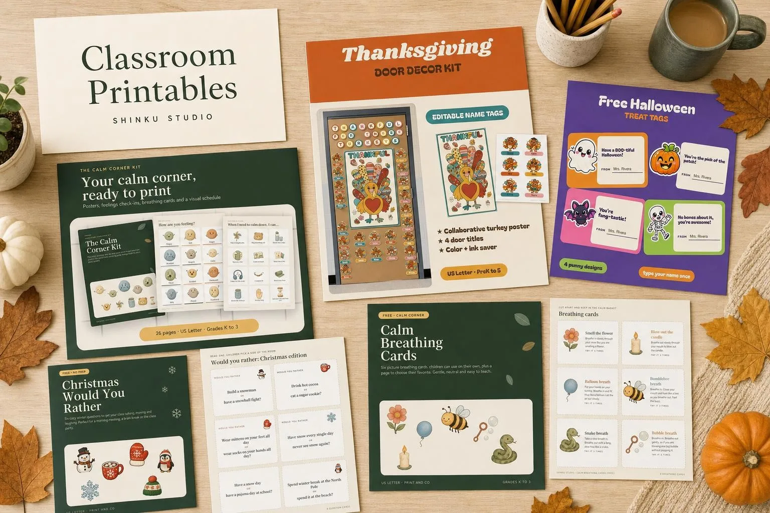 Flat lay of Shinku Studio classroom printables including Halloween treat tags, Christmas would you rather cards, calm breathing cards, a Thanksgiving door kit and the Calm Corner Kit