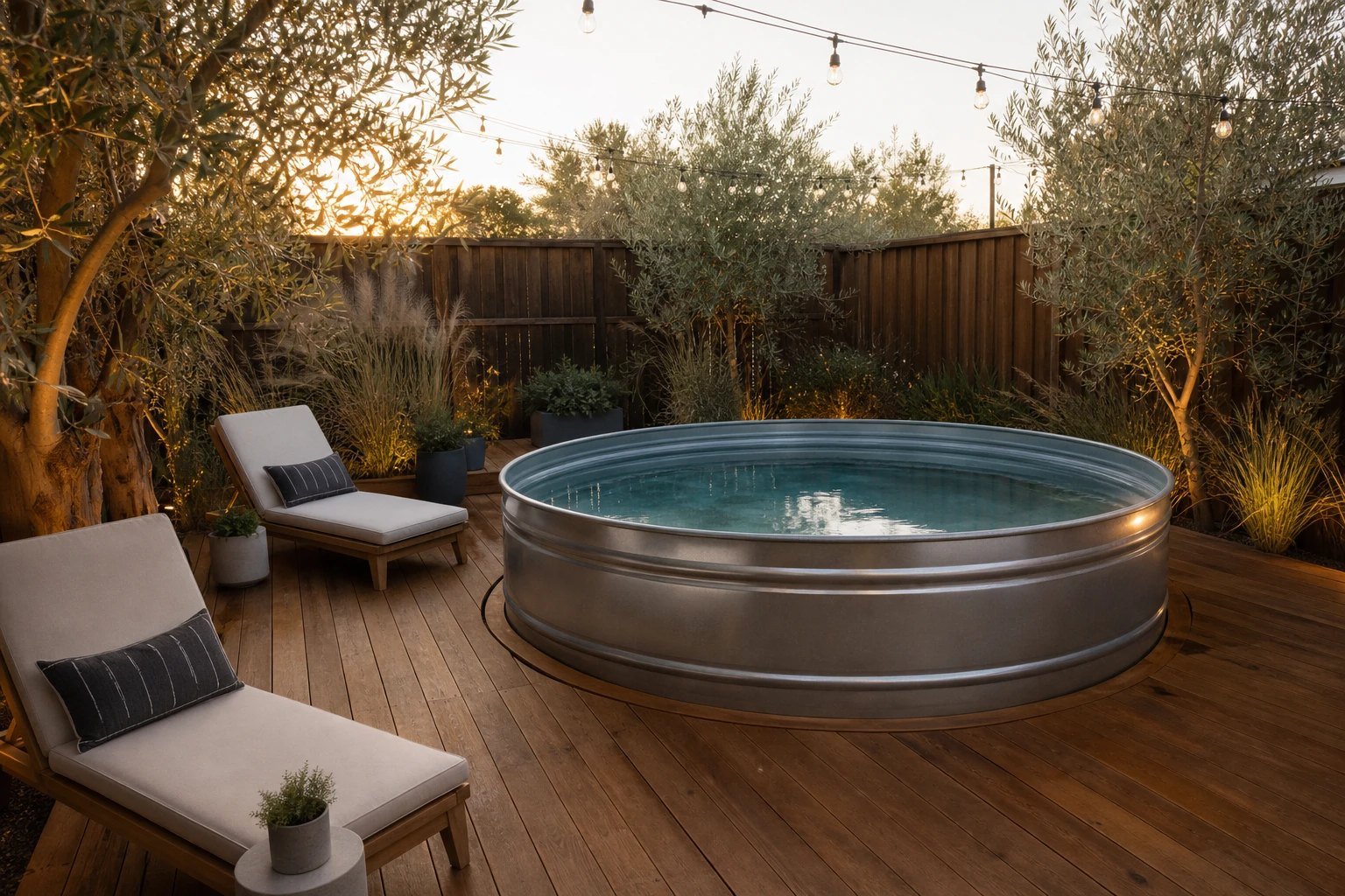 Galvanized stock tank pool with a wood deck, planters and string lights