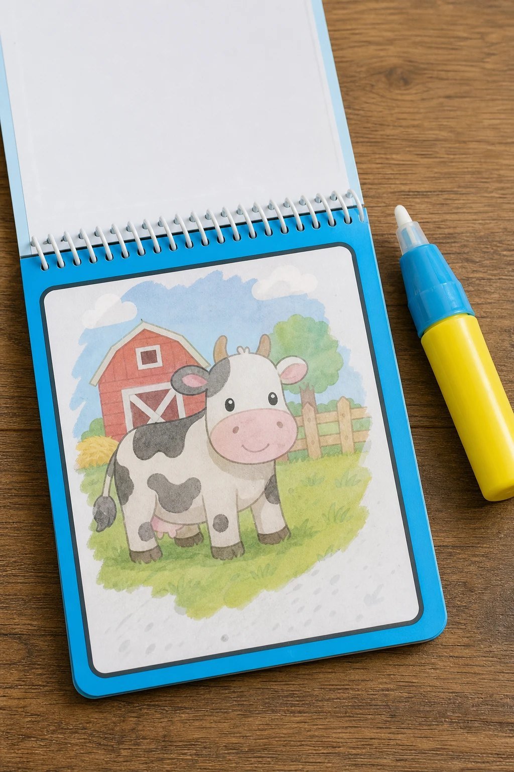 A water reveal coloring pad with a simple farm animal picture appearing in color and a chunky water pen beside it on a wooden table