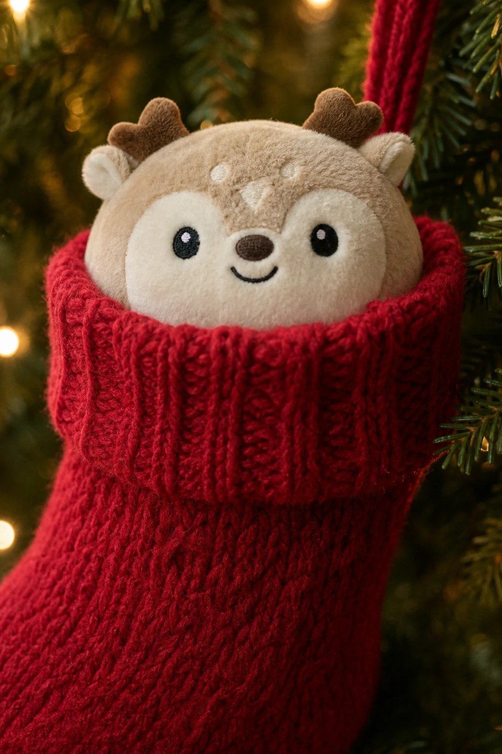 A small round soft squishy plush toy shaped like a smiling animal peeking out of the top of a red knitted Christmas stocking