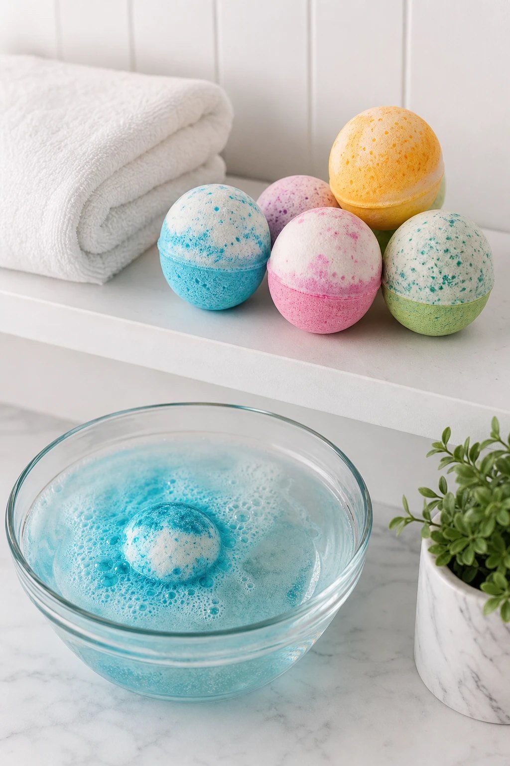 Colorful round bath bombs on a white bathroom shelf beside a folded towel