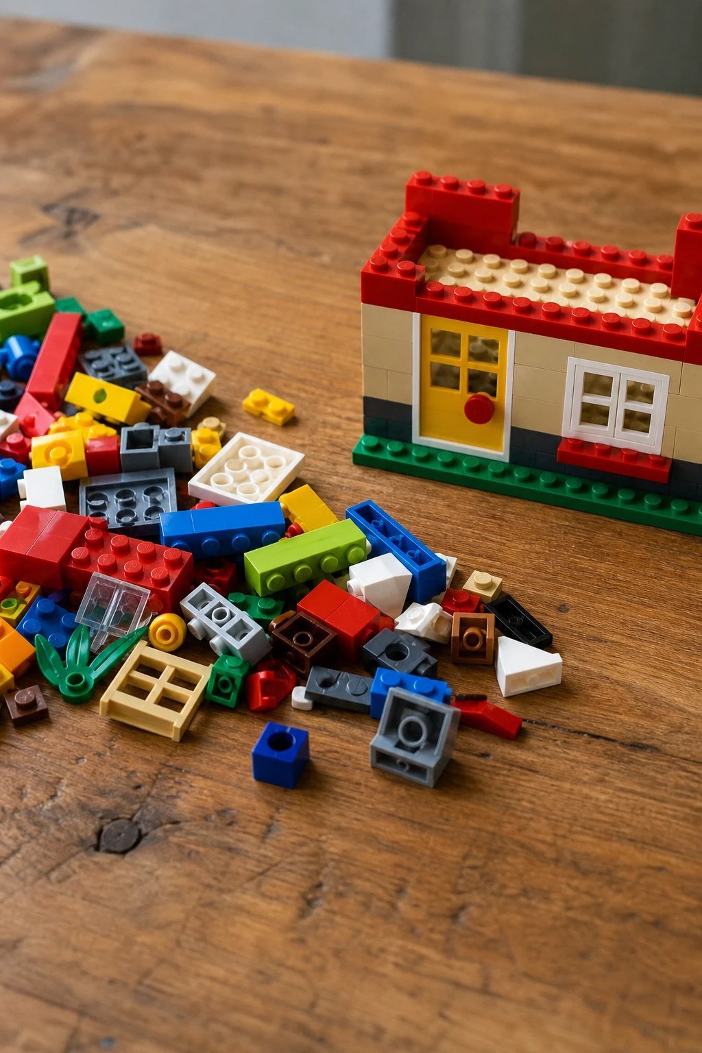 A small pile of mixed colorful plastic building bricks with a tiny half built house on a wooden table