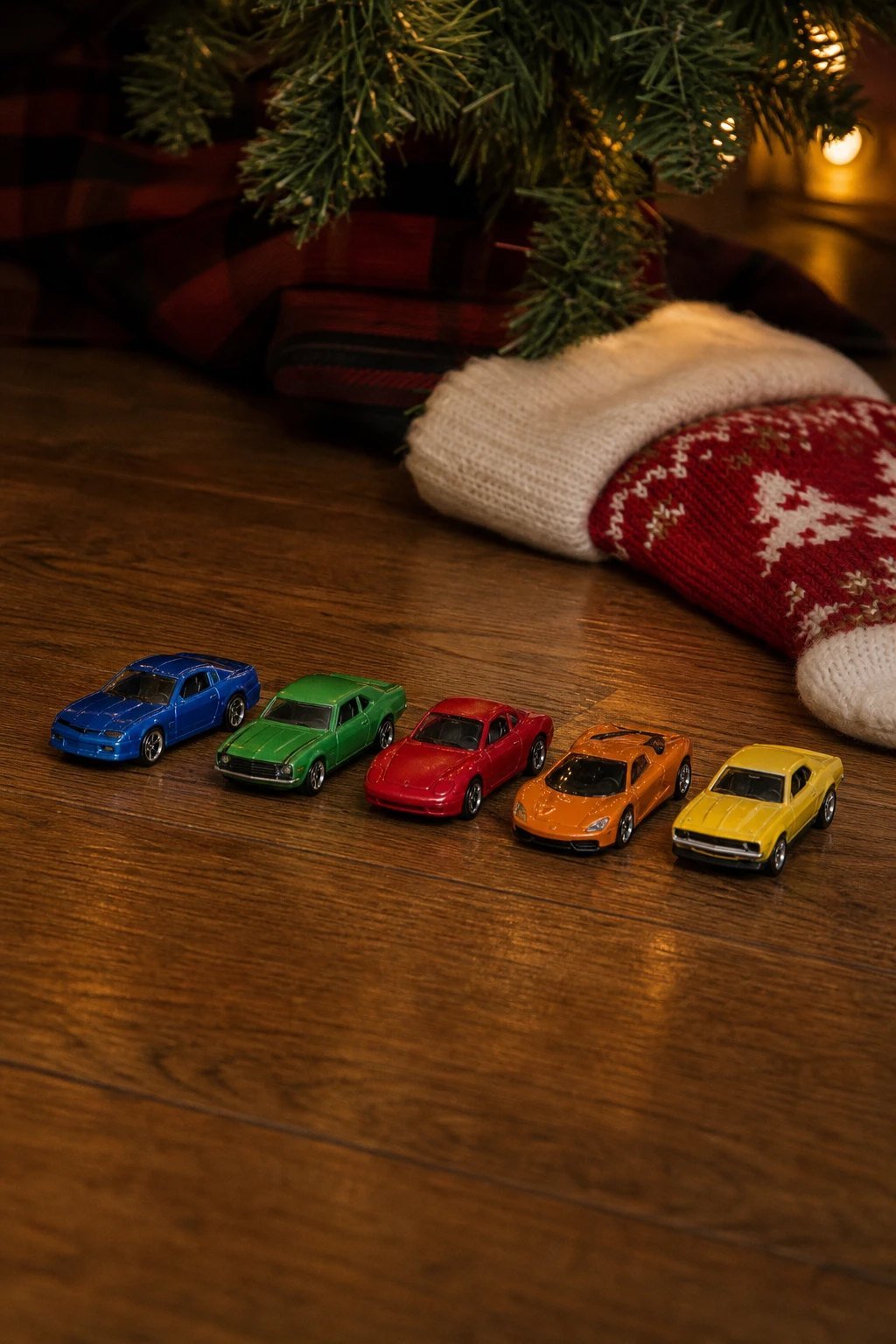 Five small colorful die cast toy cars lined up on a wooden floor beside a Christmas stocking