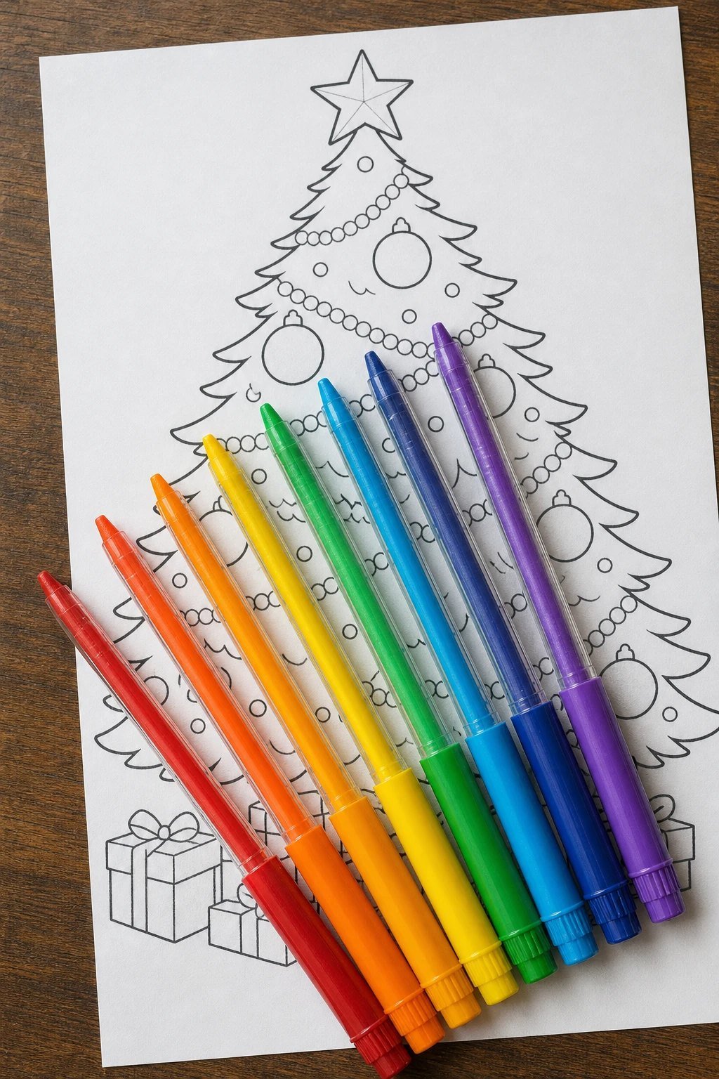 A set of twistable colored pencils in rainbow colors fanned out on a coloring page with a Christmas tree drawing