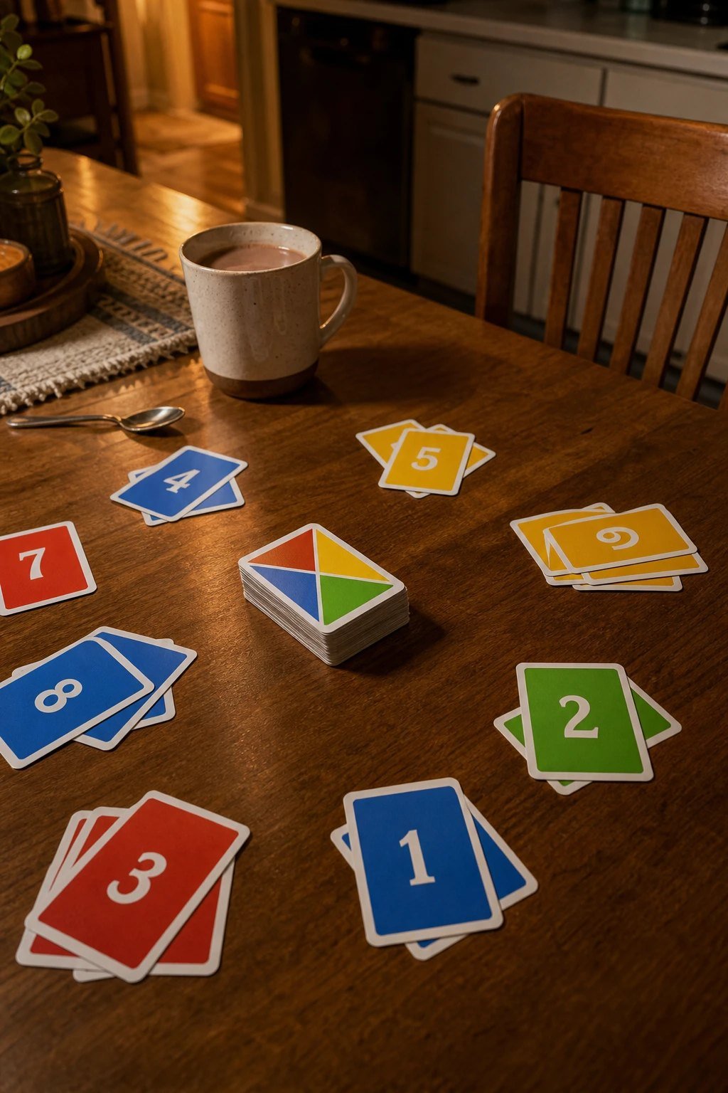 A classic colorful card game spread out on a family kitchen table with cards in neat piles and a mug of hot cocoa