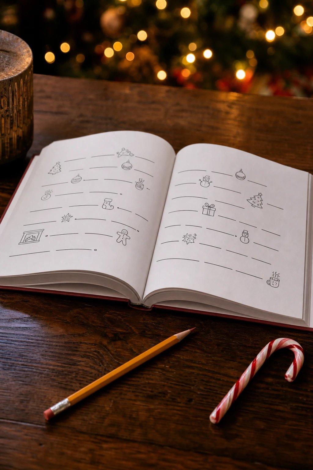 A fill in the blank story activity book open on a table with a pencil and a candy cane