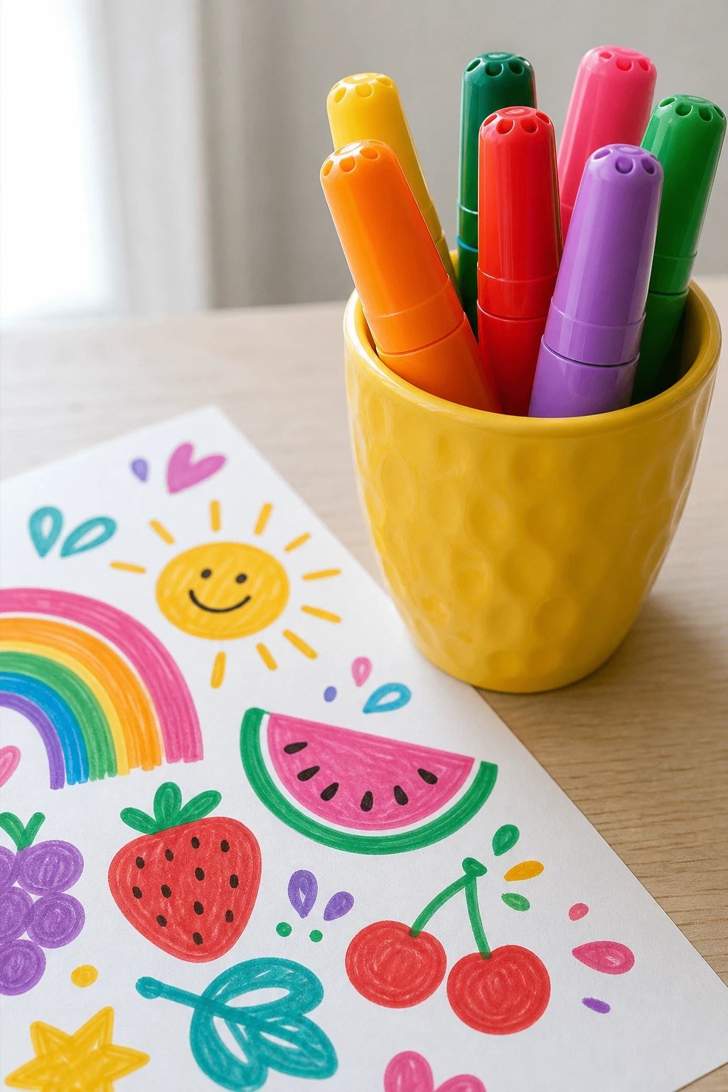 Chunky scented markers in fruity colors standing in a cup next to a bright doodle on white paper