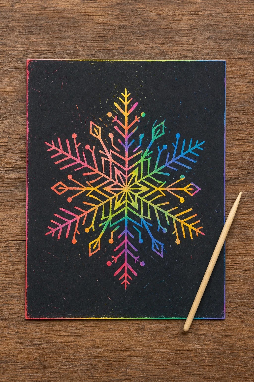 Rainbow scratch art paper with a snowflake design scratched through black to reveal bright colors