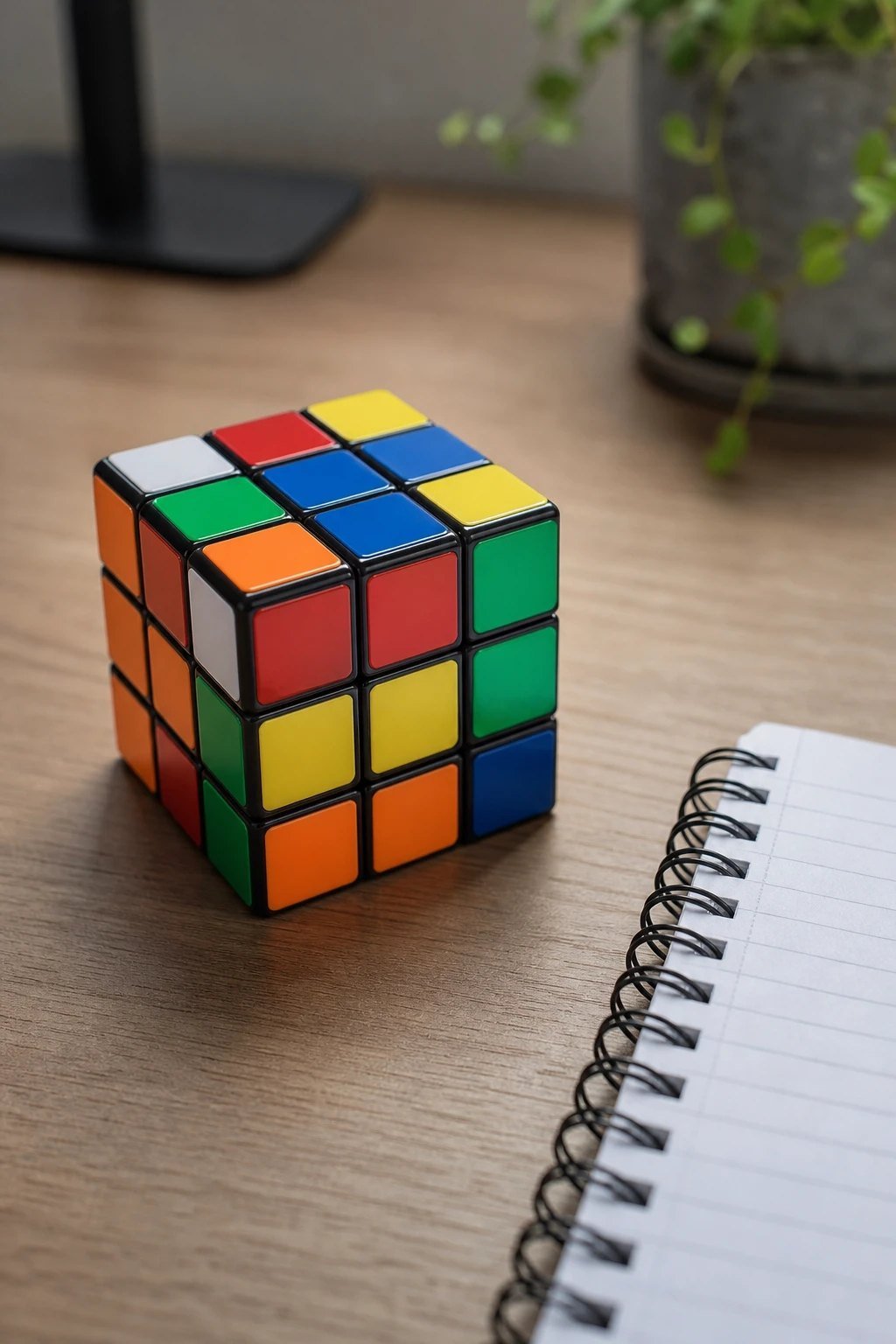 A colorful 3x3 speed puzzle cube half solved on a desk beside a notebook