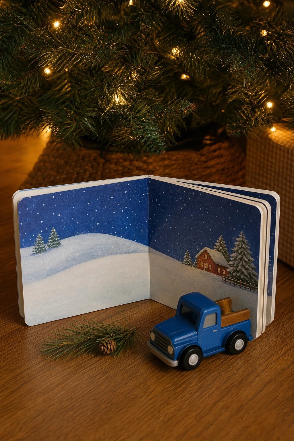 A sturdy children's board book standing open beside a small blue toy truck and a little pine sprig under a Christmas tree