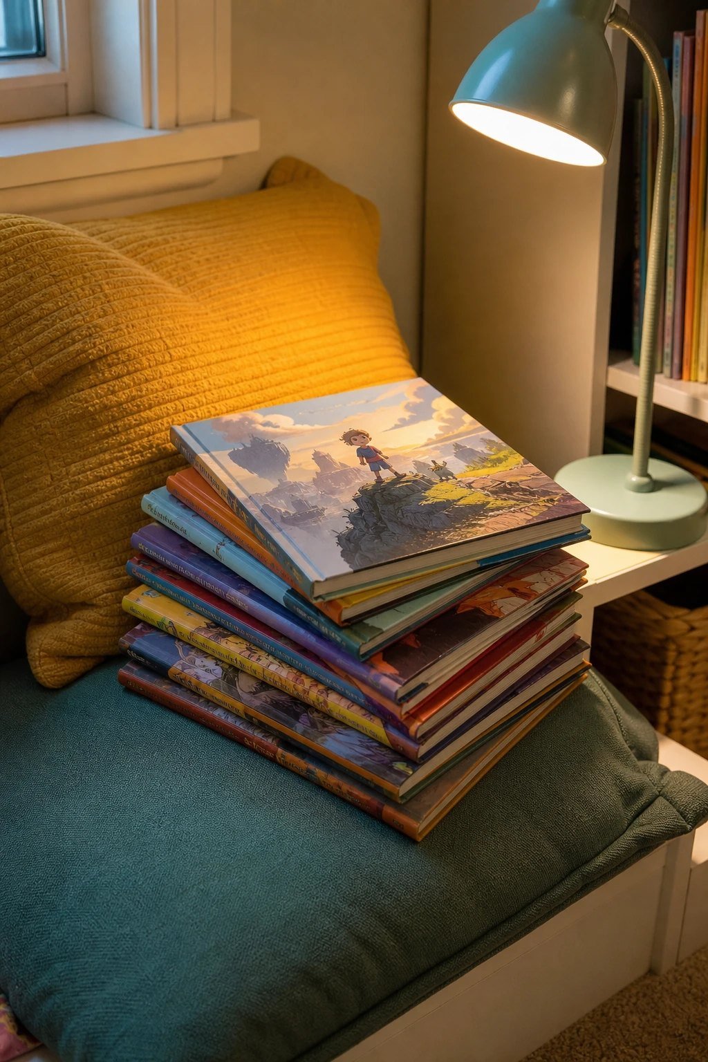 A stack of colorful illustrated children's graphic novels on a cozy reading nook cushion with a small lamp glowing