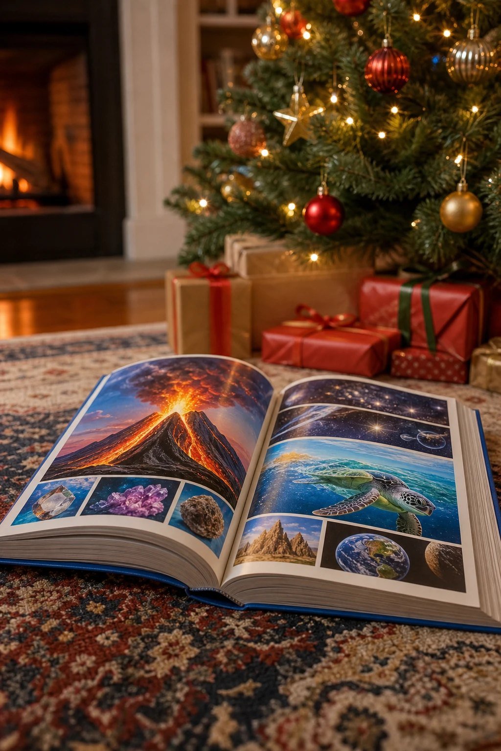 A large colorful hardback fact book lying open on a rug beside a Christmas tree