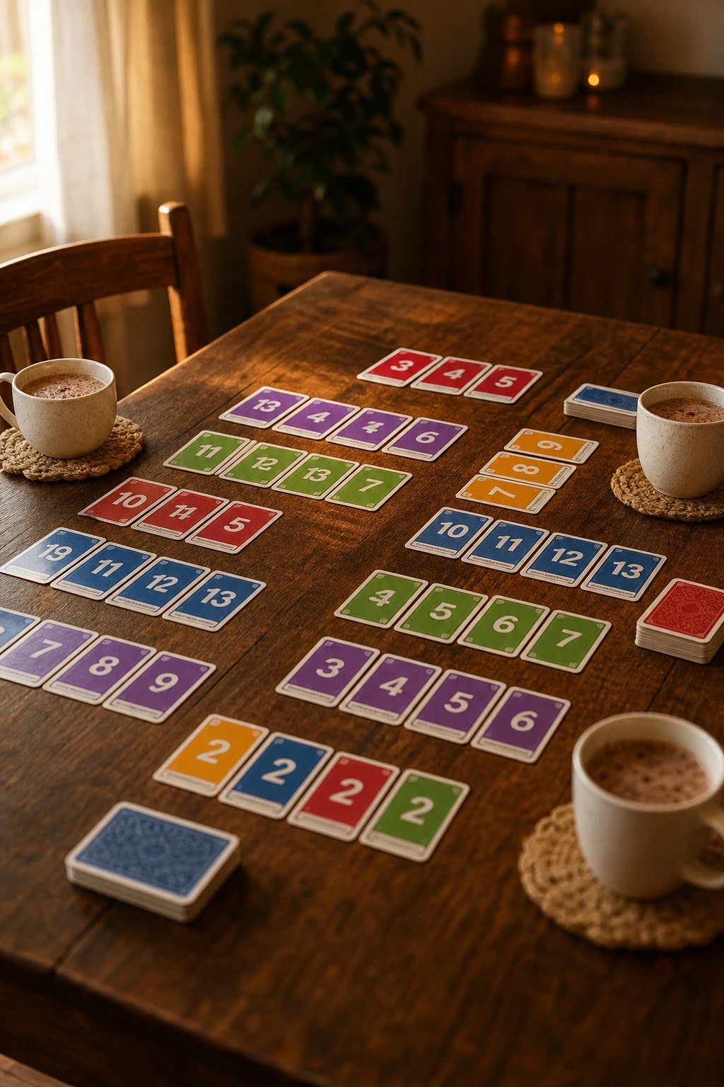 A rummy style family card game with colorful number cards laid out on a wooden table