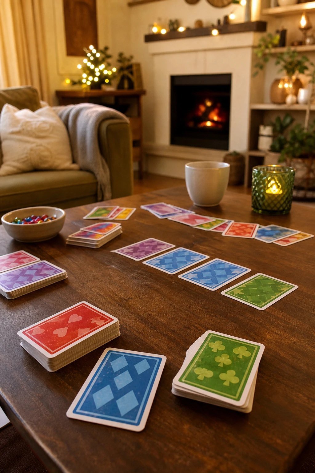 A fast family card game with colorful suited cards spread out on a table in a cozy room with Christmas lights