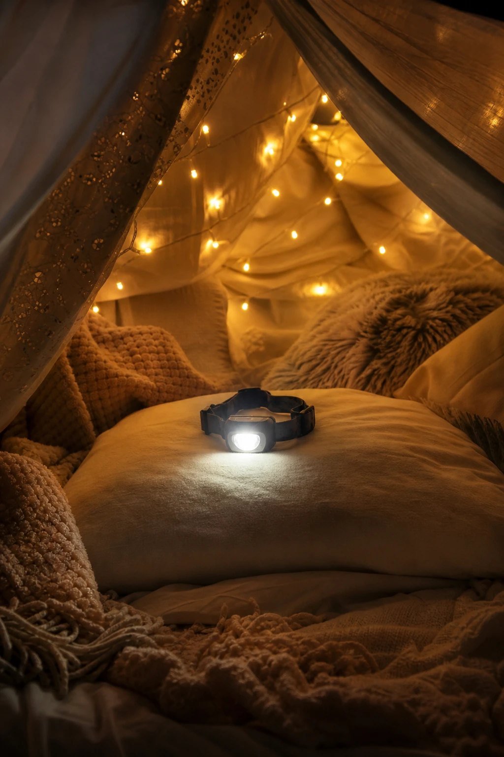 A small rechargeable headlamp glowing on a pillow inside a cozy blanket fort made of sheets and fairy lights