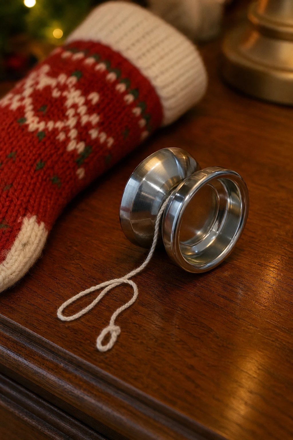 A shiny metal yo-yo with a white string resting on a wooden desk beside a Christmas stocking