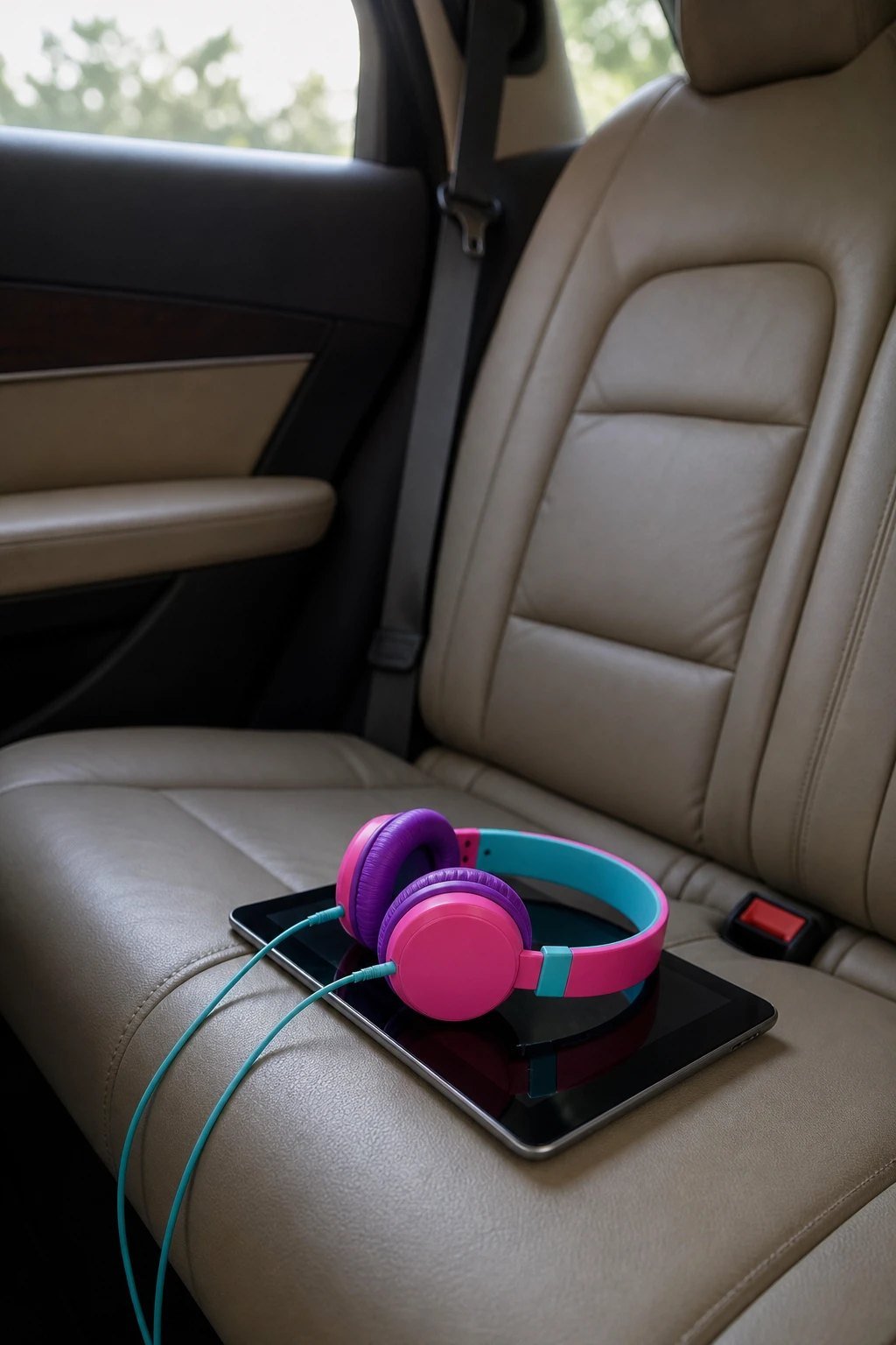 Colorful headphones for children resting on a tablet