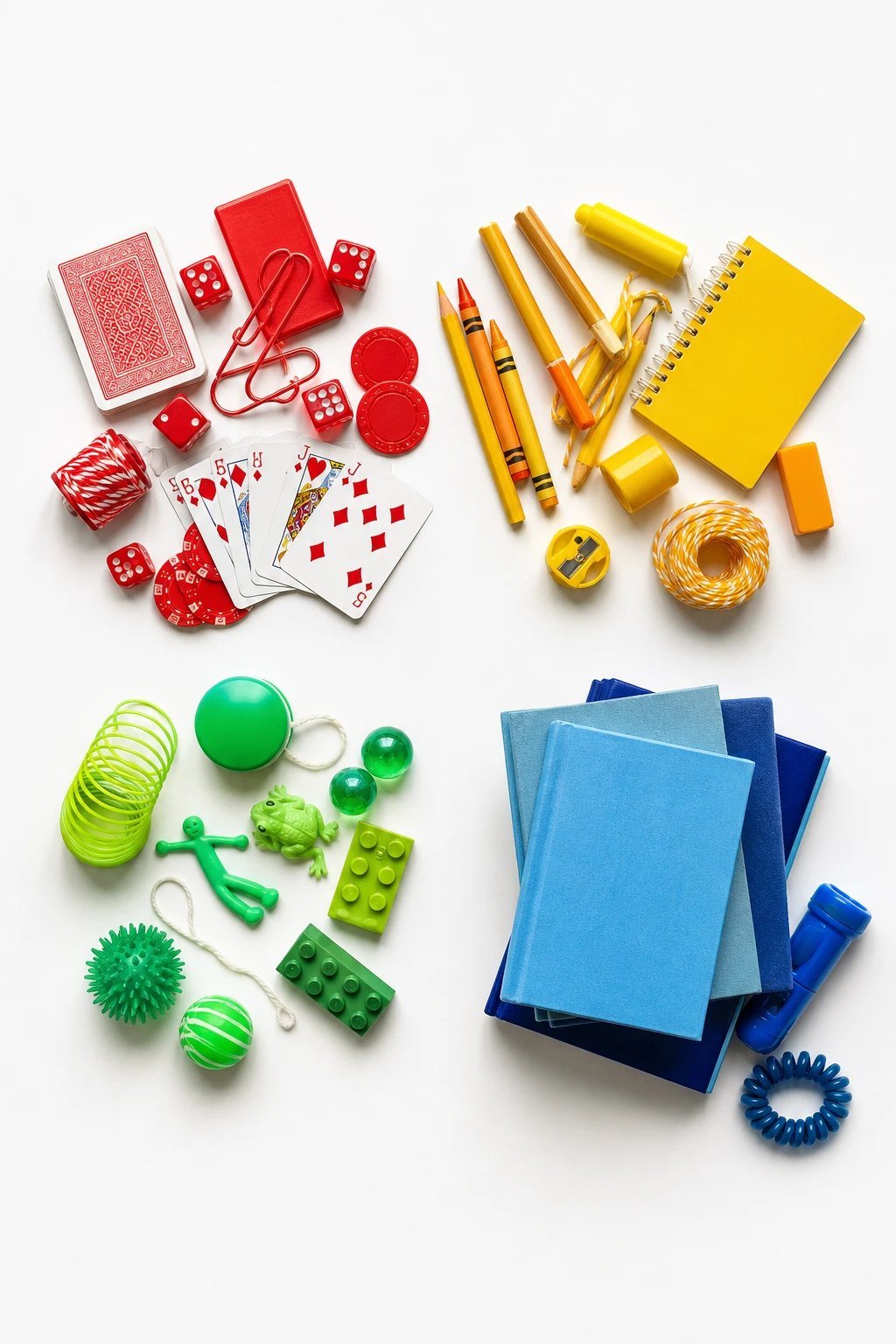 A tidy flat lay of small stocking stuffers sorted into four little piles on a white table