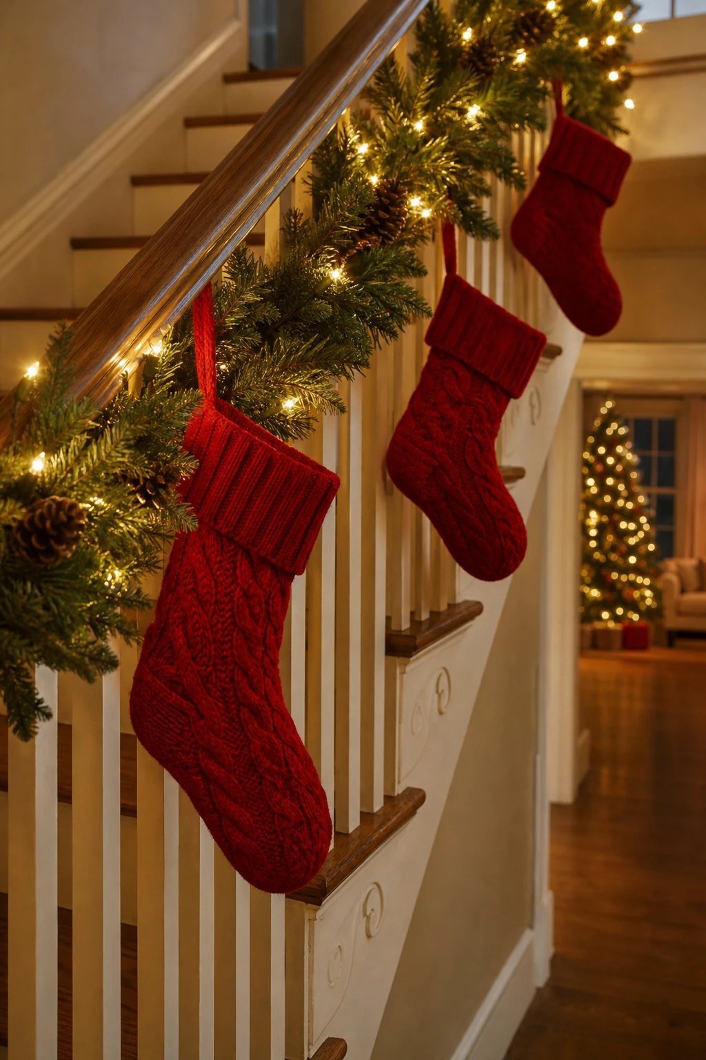 Red knitted Christmas stockings hanging on a staircase banister with greenery and warm lights