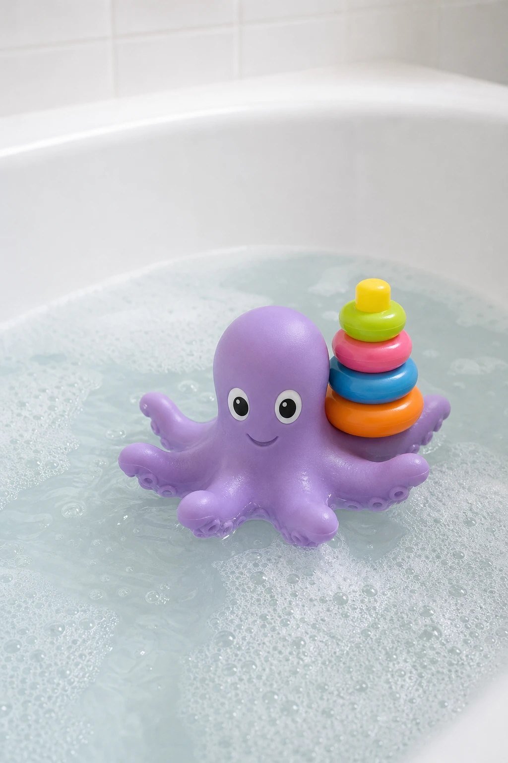 A soft purple octopus bath toy with colorful stacking rings floating in a white bathtub with gentle bubbles